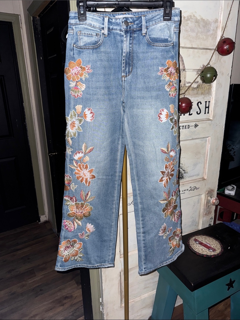 Embroidered Light Blue Wide Leg Jeans – Floral Accent